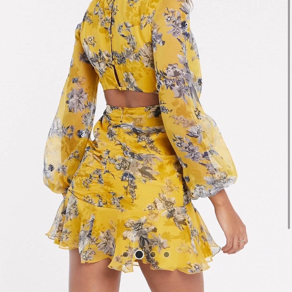 embellished mini dress in mustard flora